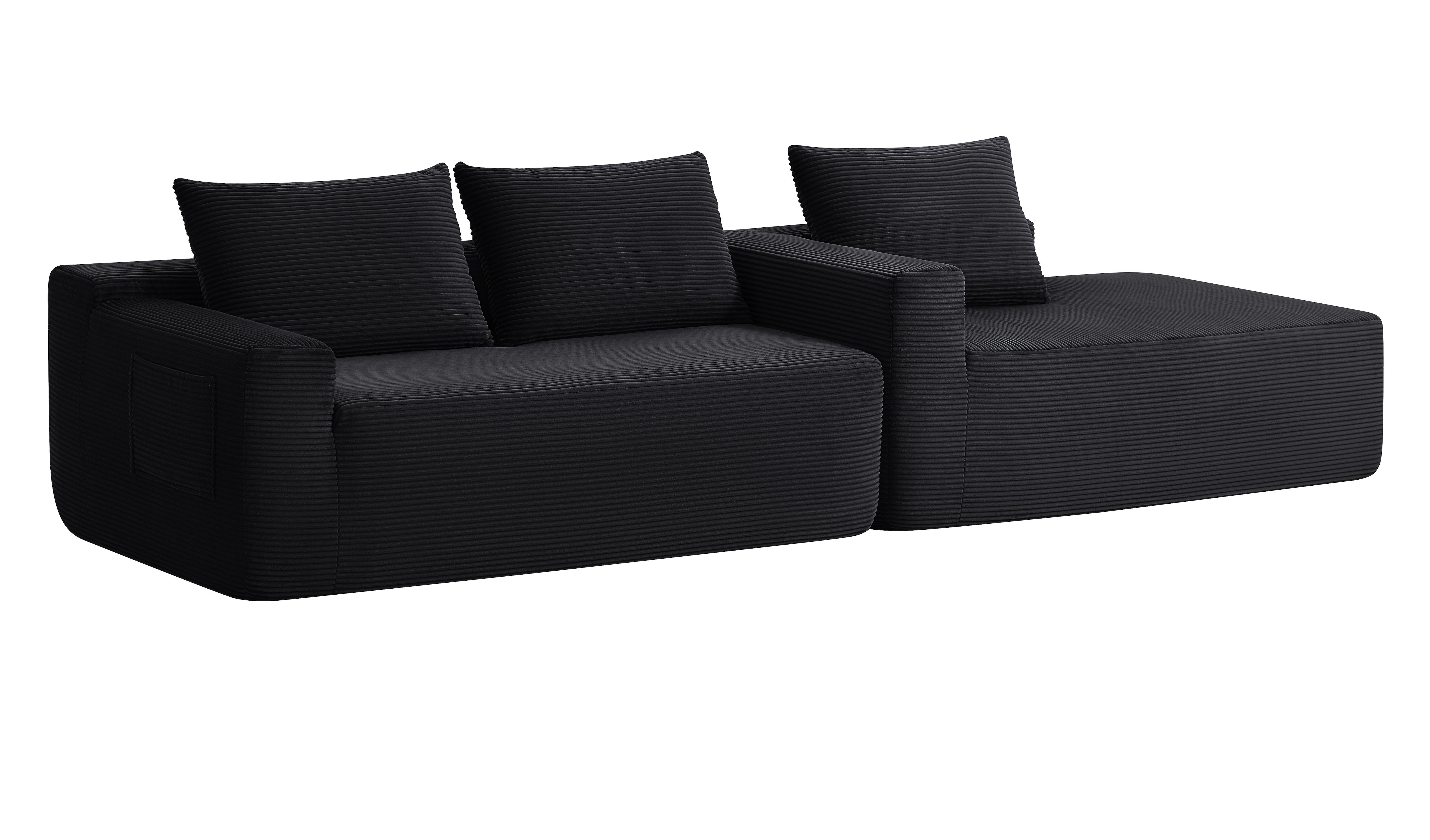 Modern Modular Corduroy Sectional Sofa With L-shaped Chaise Black_voghion.com